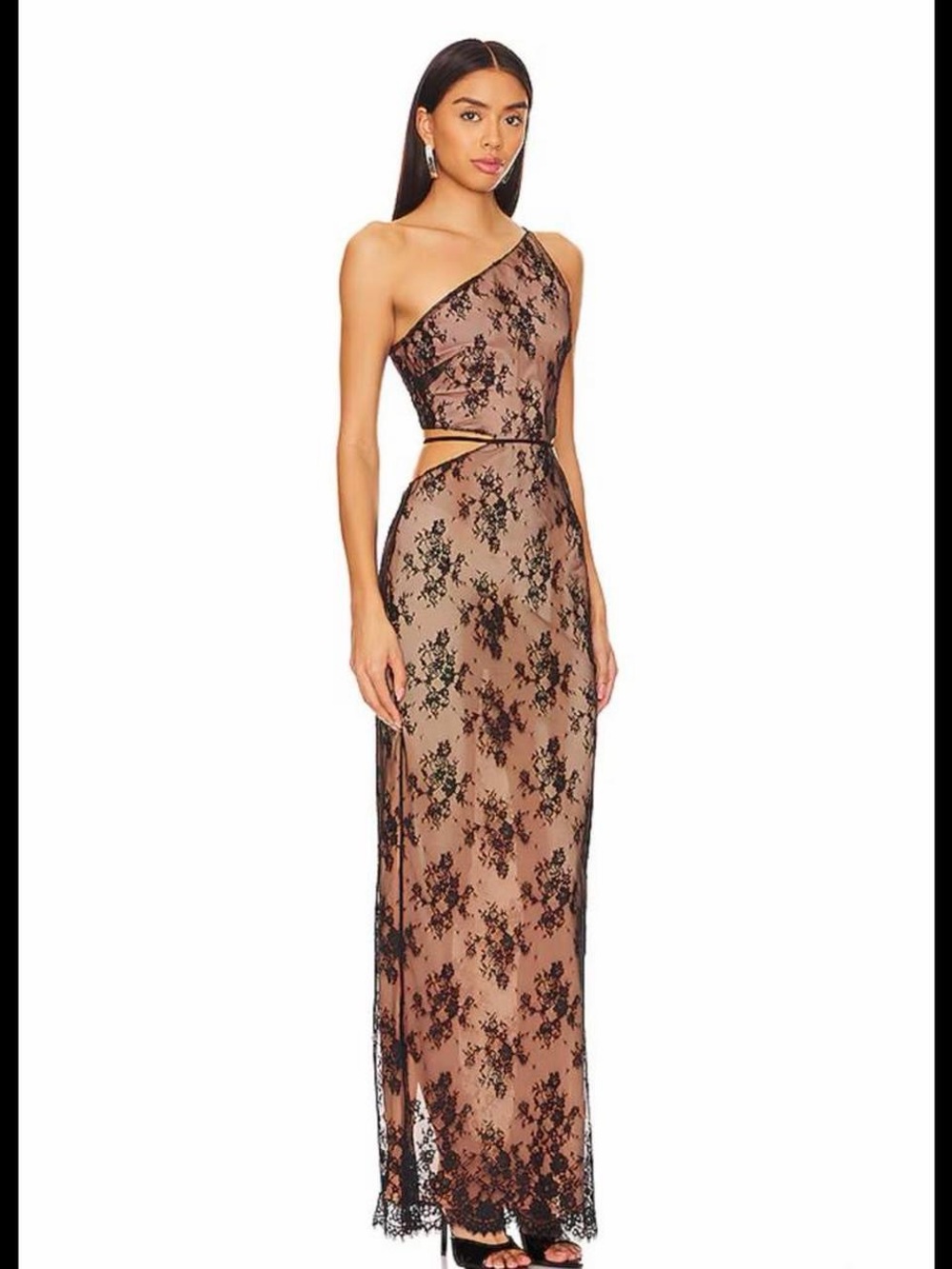 NBD One-Shoulder Black Lace Overlay Maxi Dress in Nude